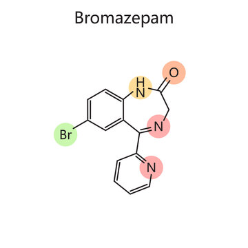 Chemical organic formula of Bromazepam diagram hand drawn schematic raster illustration. Medical science educational illustration