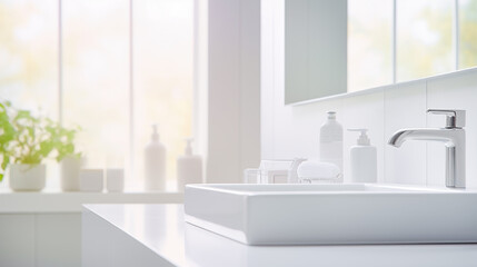 Modern bathroom interior with a white sink and a large bright window