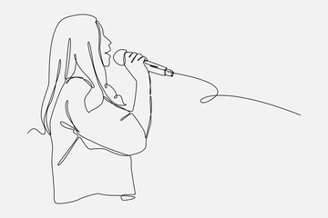 woman holding microphone. speak or sing. side view. continuous one line drawing style. editable stroke. vector illustration.