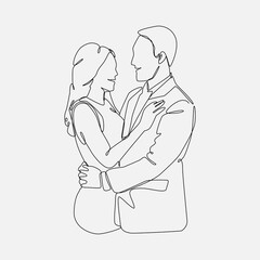 Continuous single line drawing of couple hug together. Male and female love each other. Editable stroke. Isolated on white background. Vector illustration.