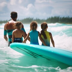 Obraz premium at the beach, surfers swiming in the sea and having fun in summer. Extreme sport and vacation concept. Father and children have fun at sea. Family holidays, family vacations. happy family with childre