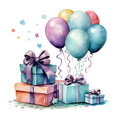Watercolor birthday presents, balloons, cake