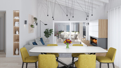 Lussuoso interior design di una zona giorno open space con cucina e sala da pranzo. Cucina moderna dai toni neutri con tocco di colore e caminetto. elementi di design.	