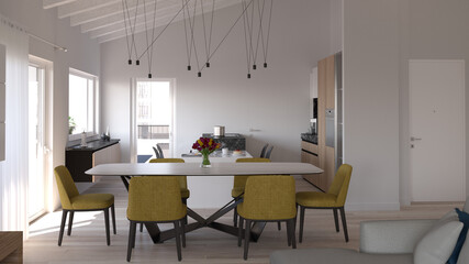 Lussuoso interior design di una zona giorno open space con cucina e sala da pranzo. Cucina moderna dai toni neutri con tocco di colore e caminetto. elementi di design.	