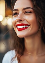 Portrait of happy women with perfect smile with nice white teeth and red lipstick. Generative Ai.