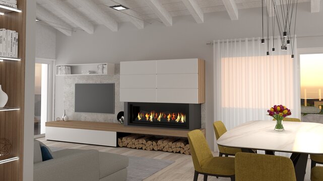 Lussuoso interior design di una zona giorno open space con cucina e sala da pranzo. Cucina moderna dai toni neutri con tocco di colore e caminetto. elementi di design.	