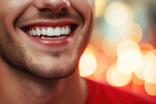 Portrait of happy men with perfect smile with nice white teeth and red lipstick. Generative Ai.