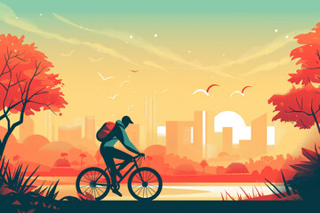 Fototapeta premium City bike cyclists shown in a contemporary athletic abstract design of a green environment cityscape, stock illustration image
