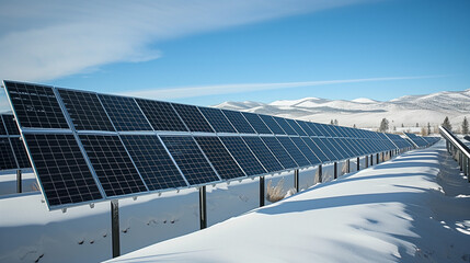 Photograph of solar panel farm in the snow. Solar farm in the winter. Solar energy transition. Focus on eco friendly energy sources.