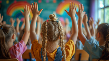 Dynamic classroom engagement: Children raising hands in a Back To School scene, featuring strategic selective focus.