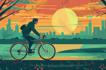 City bike cyclists shown in a contemporary athletic abstract design of a green environment cityscape, stock illustration image