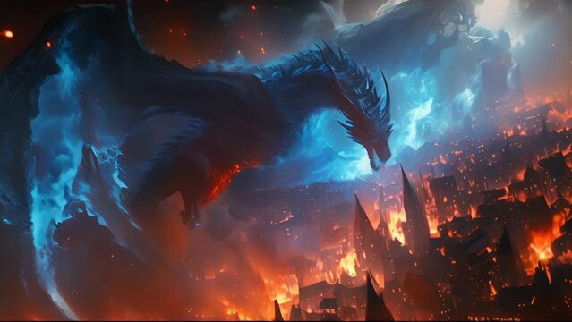 a dragon is flying and raging over a burning city with blue fire
