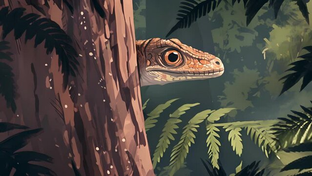 A curious coelophysis peeking out from behind a large tree trunk observing its surroundings with cautious curiosity.
