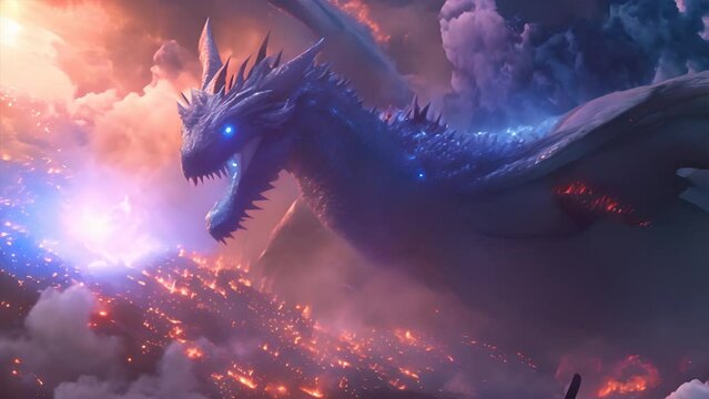  a dragon is flying and raging over a burning city with blue fire