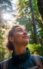 A smiling woman hiker looks at the top of the majestic trees in the forest - 728381783