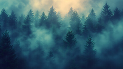 Fototapeta premium Step into enchantment with a vintage retro fir forest landscape, shrouded in an enchanting mist.