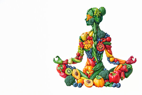A vibrant and whimsical illustration of a woman embodying the beauty and nourishment of nature through a yoga pose crafted from an array of colorful fruits and vegetables