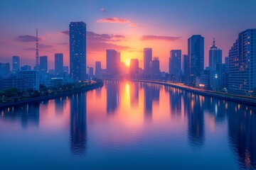 Fototapeta premium Sunset Serenade A Glimpse of the City at Dusk Generative AI
