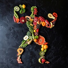 A whimsical cartoon depicting a person made entirely of vibrant fruits and vegetables, adorned with an intricate armlet, showcases the beauty and creativity of food as art