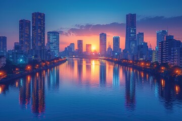 Fototapeta na wymiar Sunset Serenade A Glowing Cityscape at Dusk Generative AI