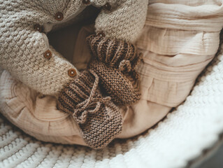 Knitted slippers and things for a newborn in the cradle