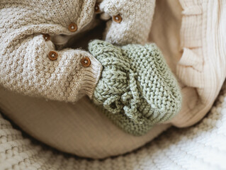 Knitted slippers and things for a newborn in the cradle