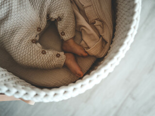 Feet of a newborn baby in a cradle, top view, space for text
