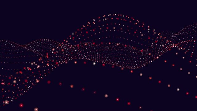 Dynamic and visually striking, this digital artwork features a wave pattern of red dots on a black background. The dots create a sense of movement and flow