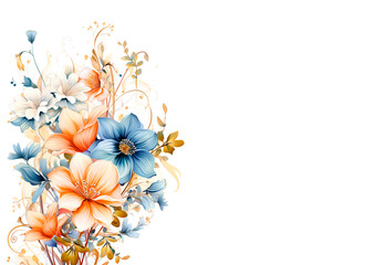 Obraz premium Beautiful vector floral background with blue and orange flowers, isolated on white