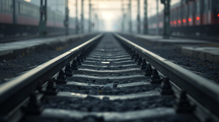 Railway tracks in a foggy morning. Shallow depth of field