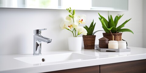 Clean white sink and sleek chrome faucet in modern bathroom with wooden vanity. Ample whitespace.