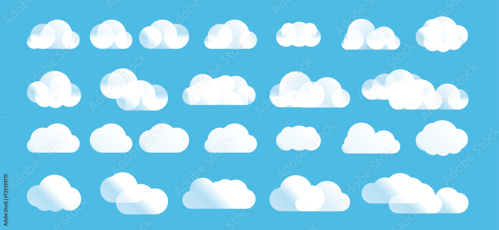 Wall mural set of gradient cartoon clouds in a flat design. abstract white cloudy set isolated on blue backgrou