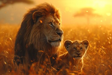 Fototapeta premium Golden Lion and Cub in the Sunset Generative AI