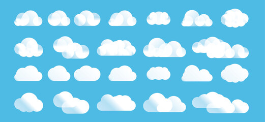 Set of gradient cartoon clouds in a flat design. Abstract white cloudy set isolated on blue background. Vector illustration.