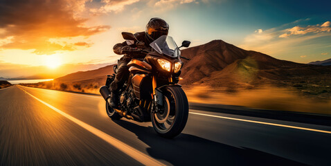 A motorcyclist rides on a highway towards the sunset, with the dynamic landscape blurring past.