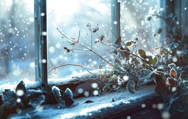 Snow-covered window sill next to plant.