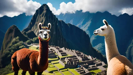 Deurstickers Lamas portrait with Machu Picchu background © Creuxnoir