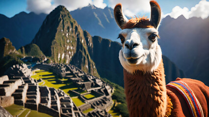 Obraz premium Lama portrait with Machu Picchu background