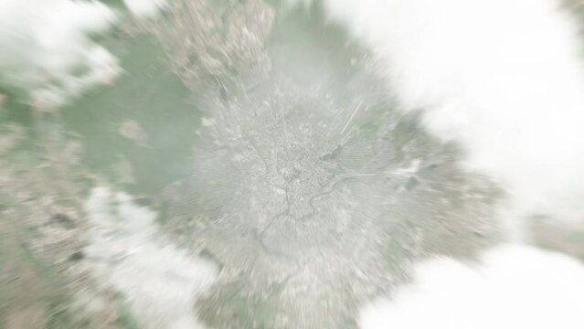 Earth zoom in from space to Kharkiv, Ukraine. Followed by zoom out through clouds and atmosphere into space. Satellite view. Travel intro. Images from NASA