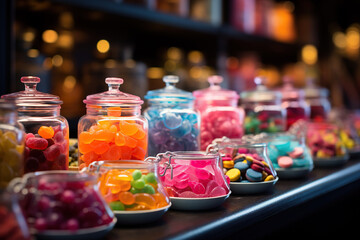 Various gummy candies in red, orange, and yellow hues are displayed in metallic bowls under bright market lights.