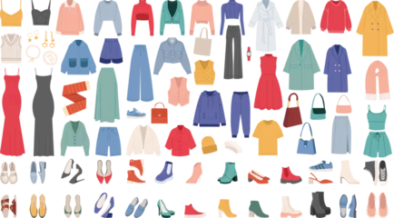 Fotobehang set of women's clothing and shoes, jewelry and sumak in flat style, vector © zolotons