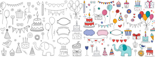 set of icons in doodle style for birthday vector