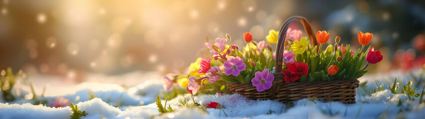 Basket with spring flowers and blooms lying on the meadow with the rests of melting snow and grass growing. Concept of spring coming and winter leaving.