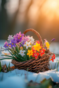 Fototapeta Basket with spring flowers and blooms lying on the meadow with the rests of melting snow and grass growing. Concept of spring coming and winter leaving.
