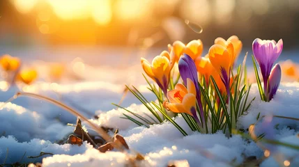Deurstickers Colorful crocus flowers and grass growing from the melting sun, blue sky and sunshine in the background. Concept of spring coming and winter leaving. © linda_vostrovska