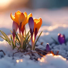 Fotobehang Colorful crocus flowers and grass growing from the melting sun, blue sky and sunshine in the background. Concept of spring coming and winter leaving. © linda_vostrovska