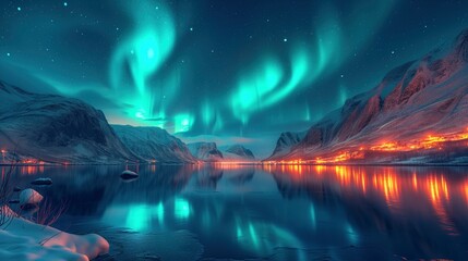 A serene lake mirrors the majestic mountains, while the dancing lights of the aurora illuminate the night sky in this breathtaking outdoor landscape