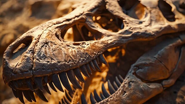A closeup of a dinosaur skull fossil showing intricate details of teeth and bone structure that can reveal the animals diet and physical adaptations.