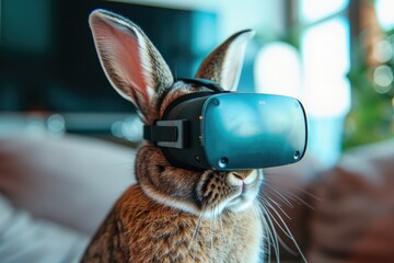 Bunny wearing Virtual reality goggle. Futuristic technology concept. Generative AI - obrazy, fototapety, plakaty