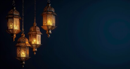 Obraz premium Islamic ramadan kareem background design template with 3d realistic golden lantern lined up on blue background